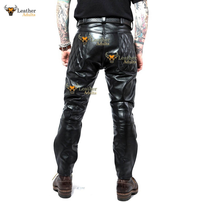 Men's Real Cowhide Leather Quilted Panels Trousers Breeches Pants Bikers Jeans
