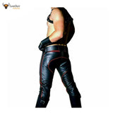 Mens Black Cowhide Leather Red Stripes Double Zip Pants BLUF Breeches Gay Trousers