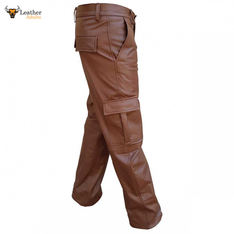 Men's Brown Real Leather Pants Cargo 6 Pockets Pants Bikers Leather Breeches Trousers