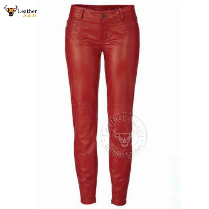 Women's Real Sheep Red Leather Pants Genuine Leggings High Waist Slim Fit Pants