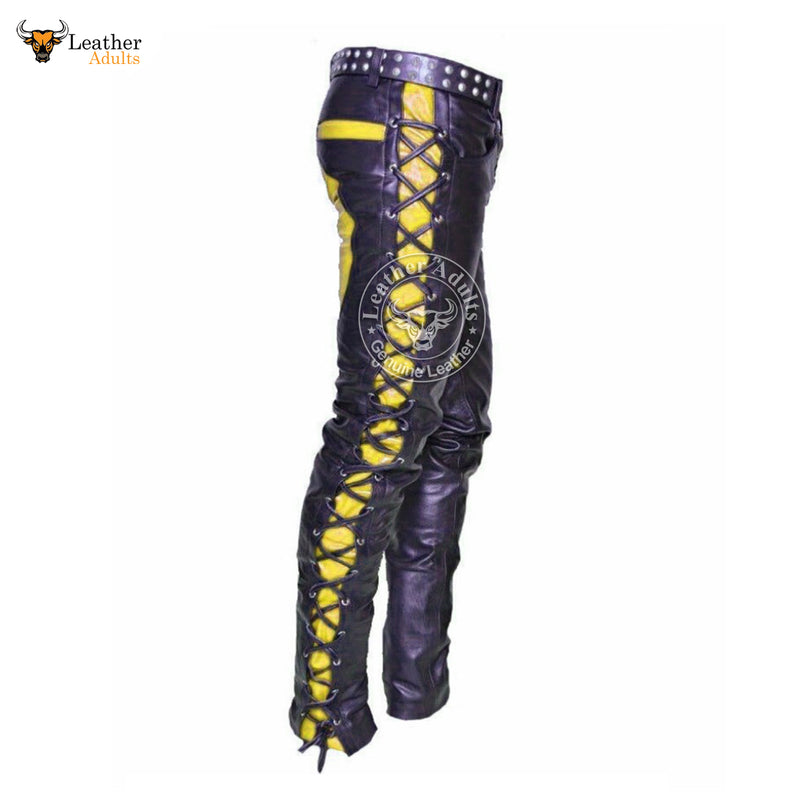 Mens Real Leather Bikers Pants Side and Front Laces Up Yellow Contrast Leather Trousers