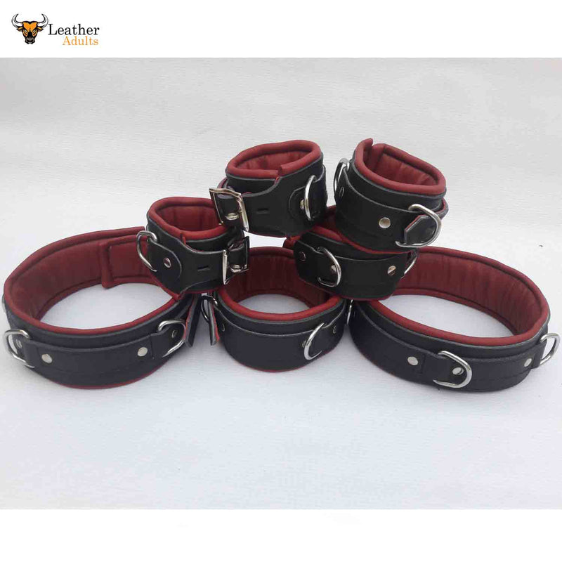 Real Leather 7 Piece Heavy Duty Red and Black Padded Bondage Restraint