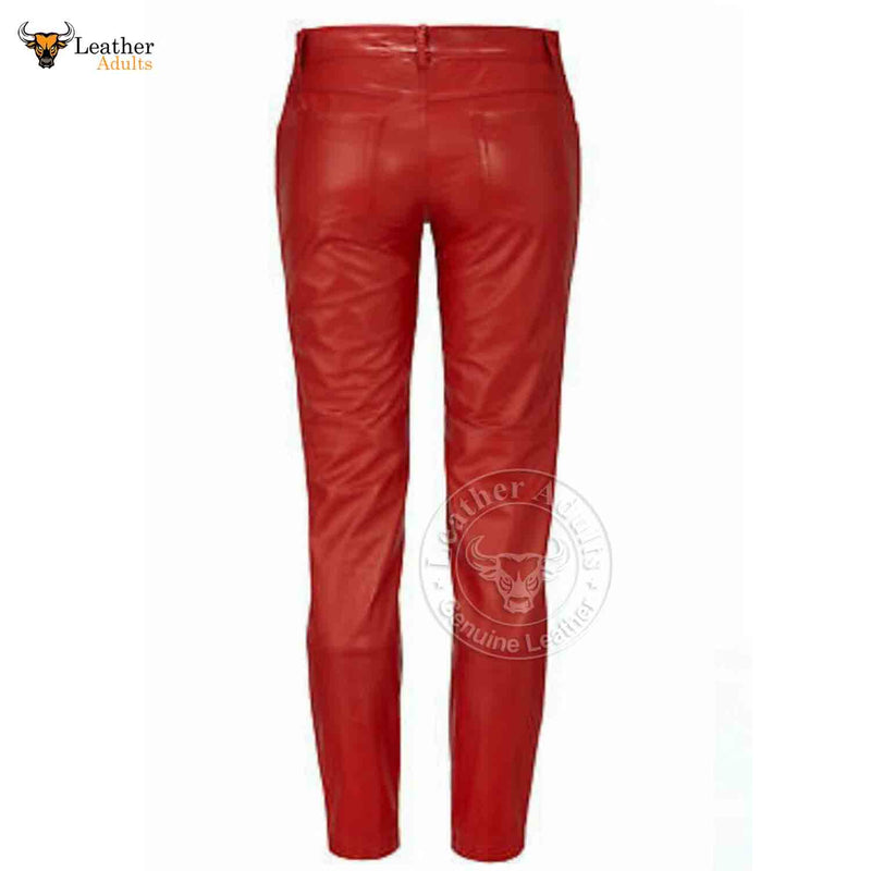 Women's Real Sheep Red Leather Pants Genuine Leggings High Waist Slim Fit Pants