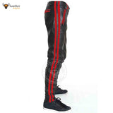 Mens Cowhide Leather Pants Cropped Biker Pants Red Stripe Leather Pants Clubwear Chino Trousers