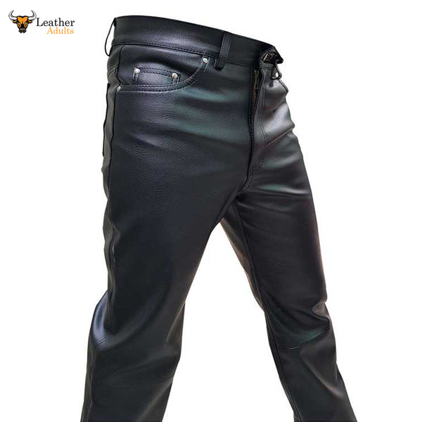 Mens Black Cow Leather Sleek and Sexy 501 Style Jeans BLUF Pants Bikers Trousers