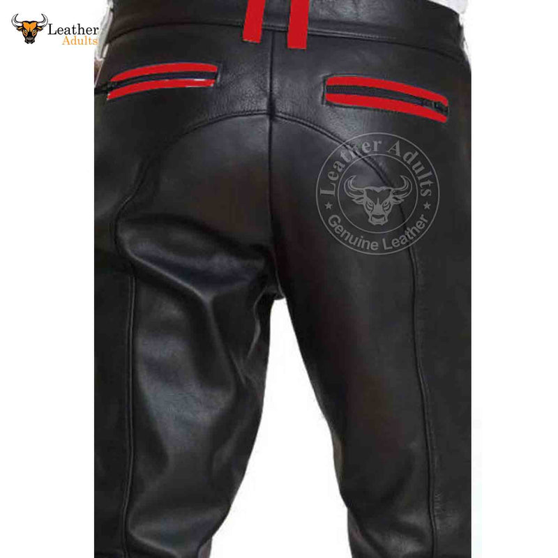 Mens Cowhide Leather Pants Cropped Biker Pants Red Stripe Leather Pants Clubwear Chino Trousers