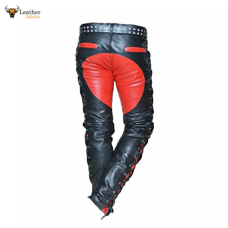 Mens Real Leather Bikers Pants Side and Front Laces Up Red Contrast Leather Trousers