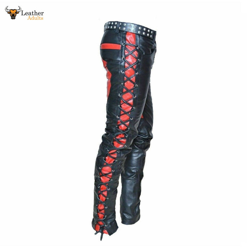 Mens Real Leather Bikers Pants Side and Front Laces Up Red Contrast Leather Trousers