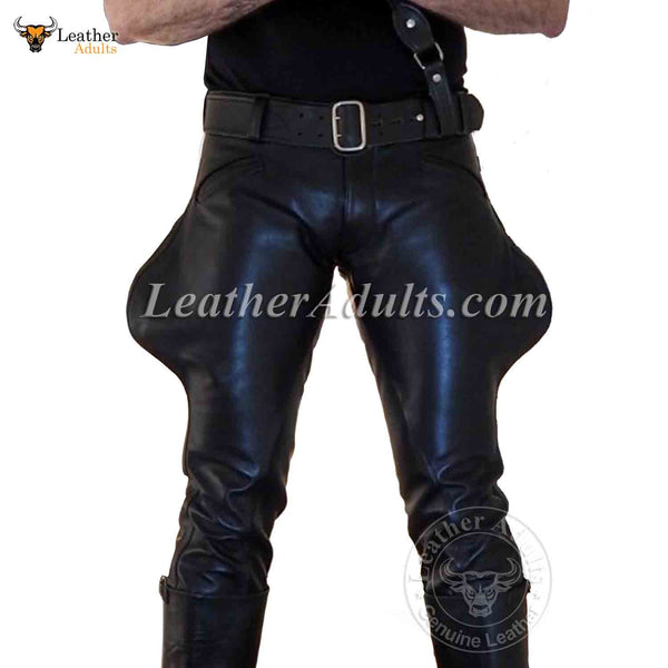Mens Black Cowhide Leather Saddleback Bootcut Rear Blind Pockets Breeches BLUF Pants Trousers