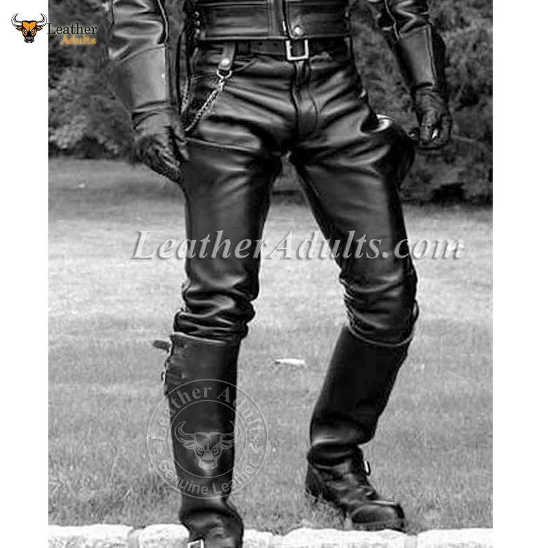 Men's Black Real Cowhide Leather Slim BLUF Breeches Trousers Pants Bikers Jeans Leder Breeches