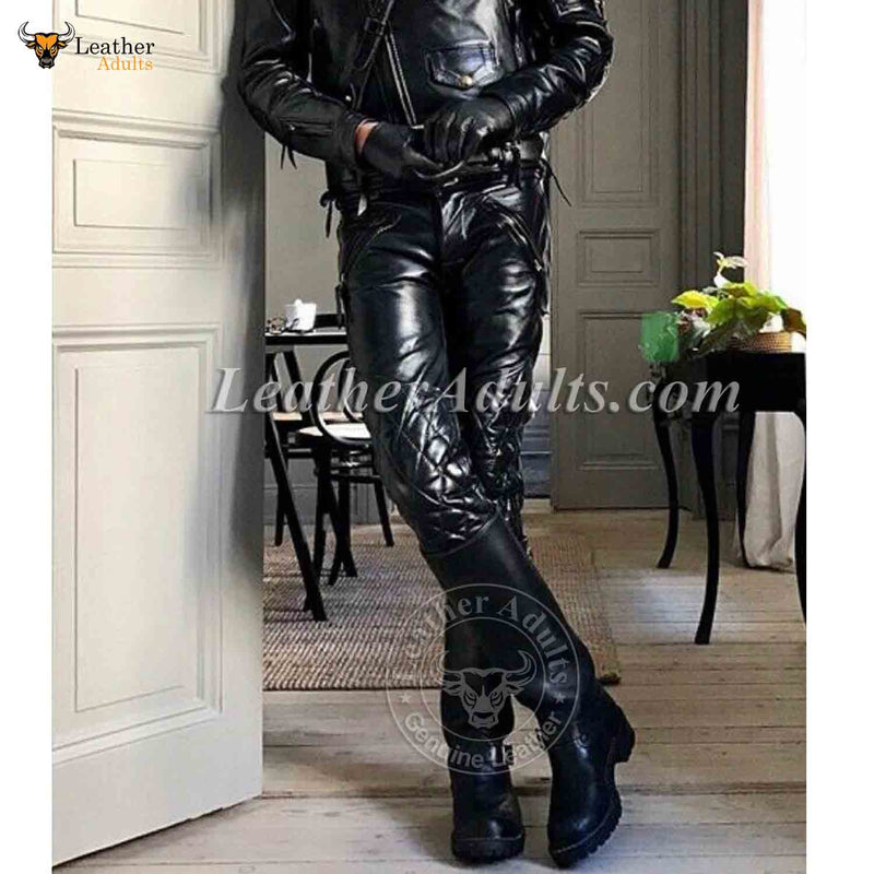 Men's Black Real Cowhide Leather Quilted Slim BLUF Trousers Pants Bikers Jeans Leder Breeches