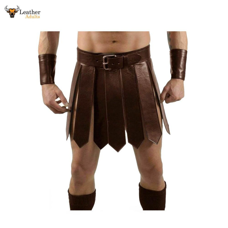 Mens Sexy Real Leather Brown Kilt Roman Gladiator Kilt Set Gay Club Wear LARP