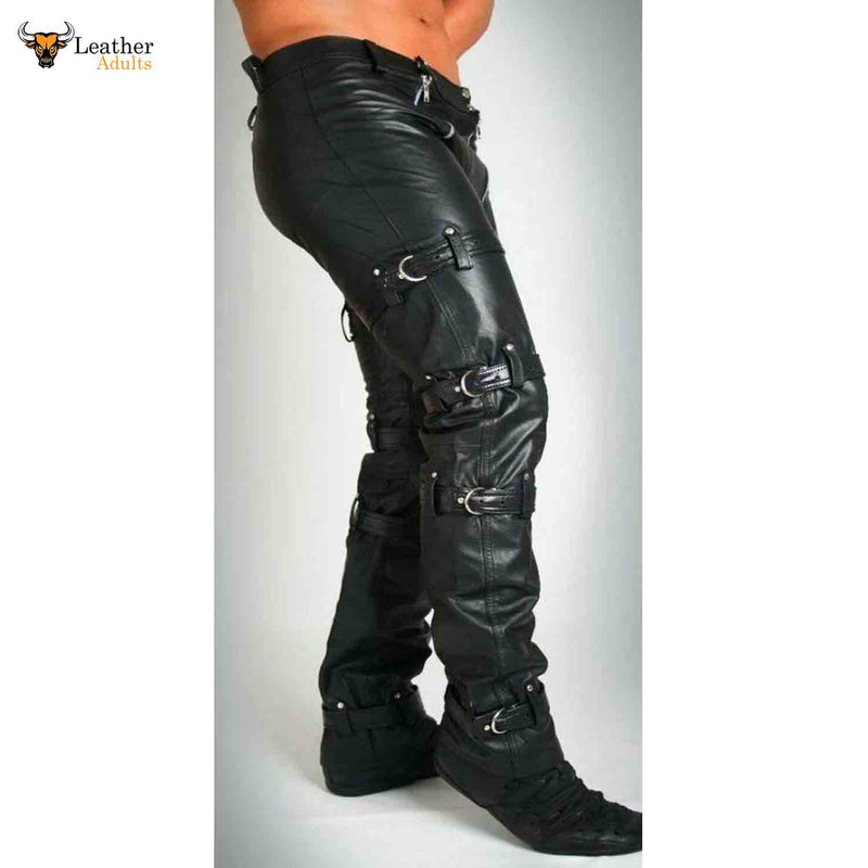 Mens Bondage Genuine Leather Skinny Chastity Pants Club Trousers Bondage Jeans WITH REAR ZIP