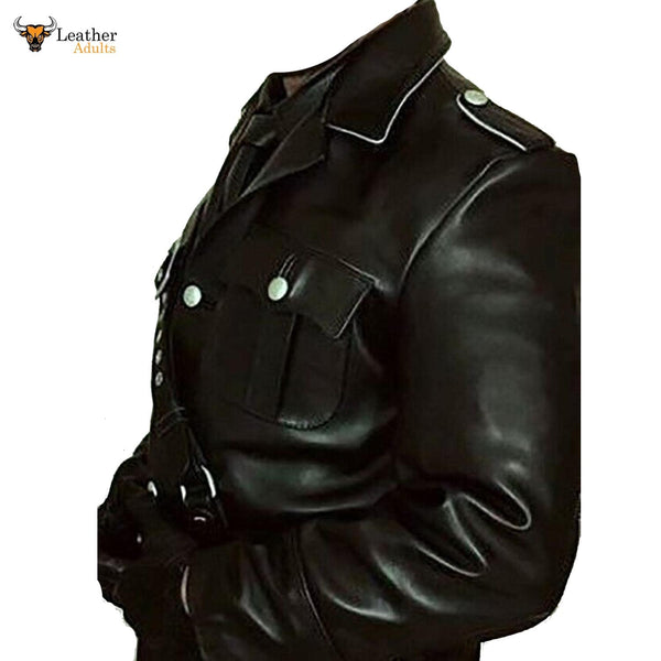 Mens Black Real Cowhide Leather German World War 2 Uniform Tunic Leather Coat Jacket