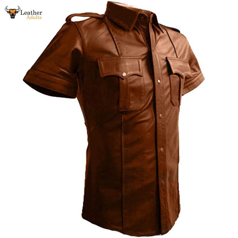 REAL LEATHER Men's Brown Police Military Style Shirt BLUF Most Sizes