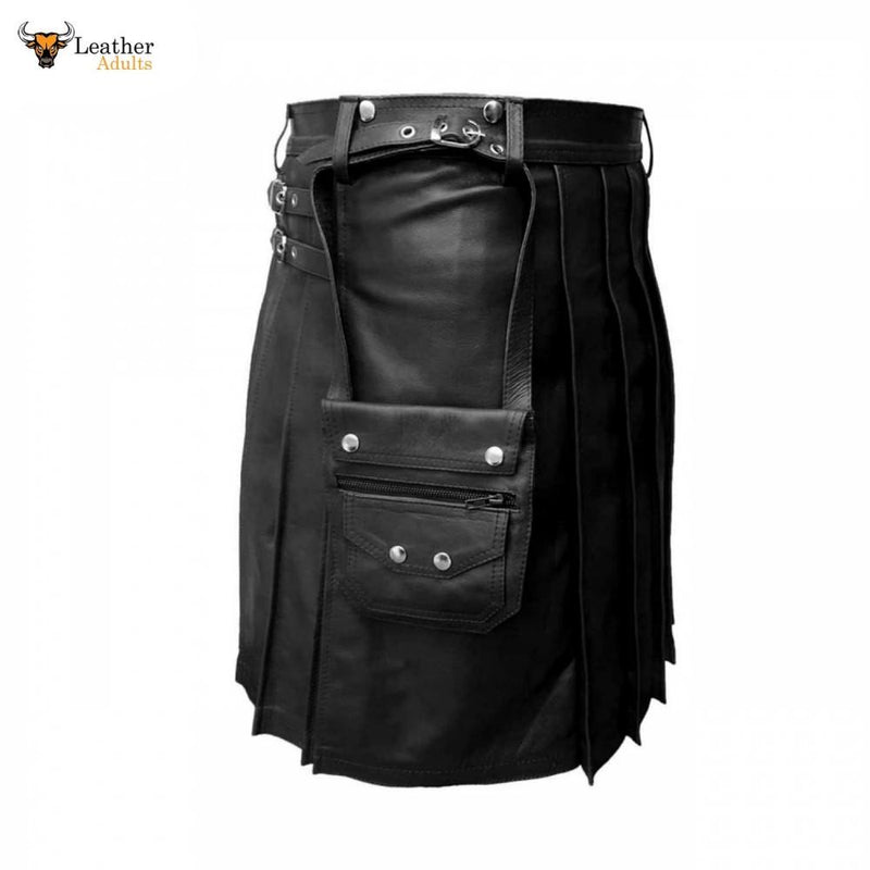 Black LEATHER Pleated Kilt & Sporran – K7 – BLK