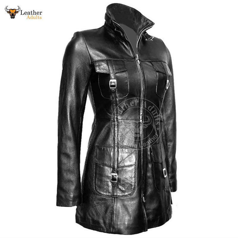 Ladies Beautiful Black Real Lambskin Leather Steampunk Style Trench Coat T14