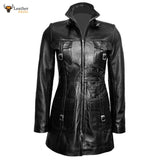 Ladies Beautiful Black Real Lambskin Leather Steampunk Style Trench Coat T14