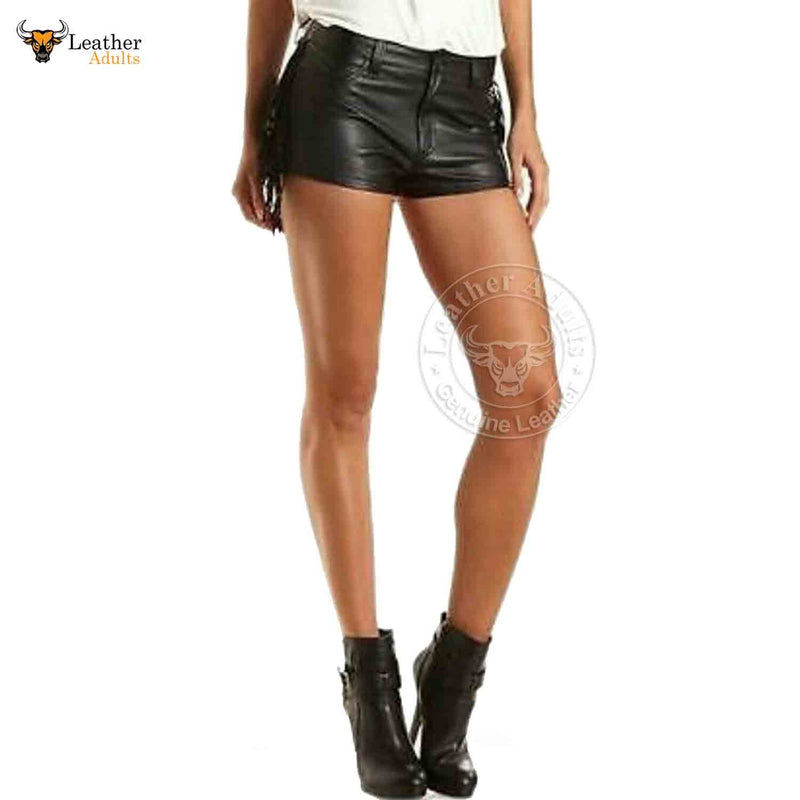 Ladies Black Genuine Soft Lambskin Leather High Rise Shorts