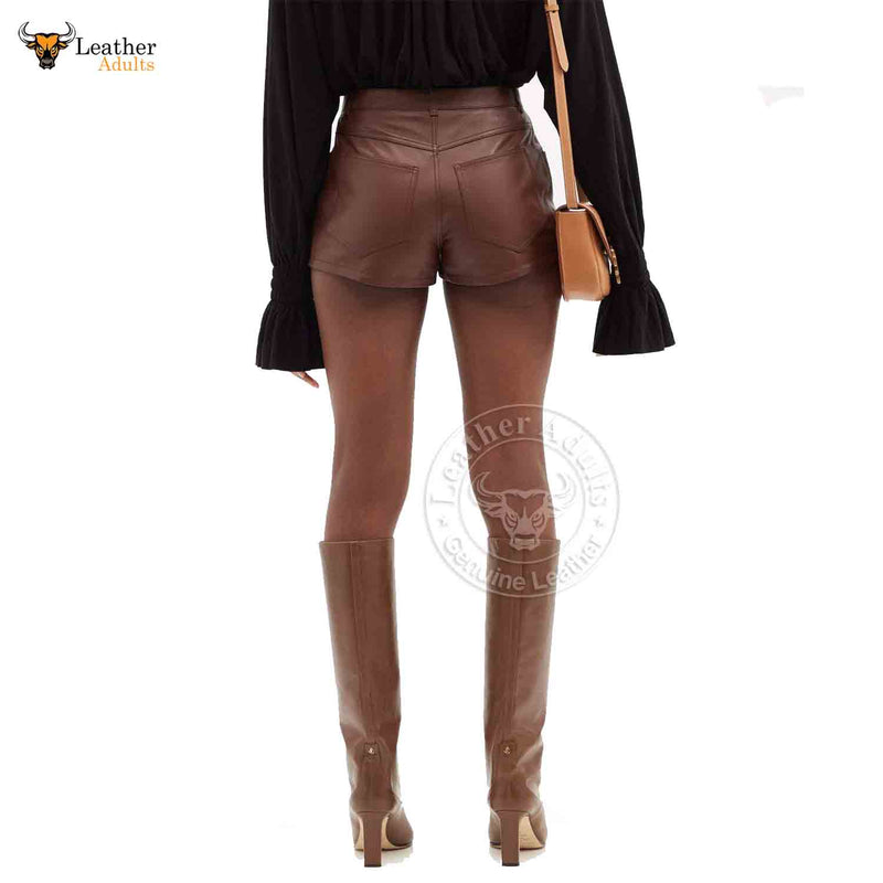 Ladies Brown Genuine Soft Lambskin Leather High Rise Shorts