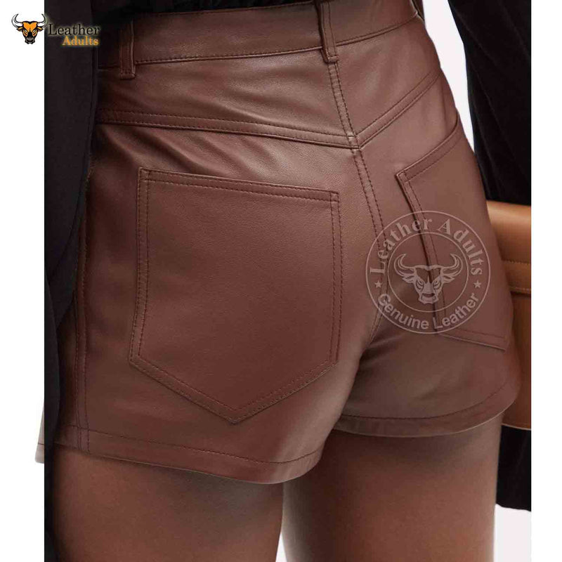 Ladies Brown Genuine Soft Lambskin Leather High Rise Shorts