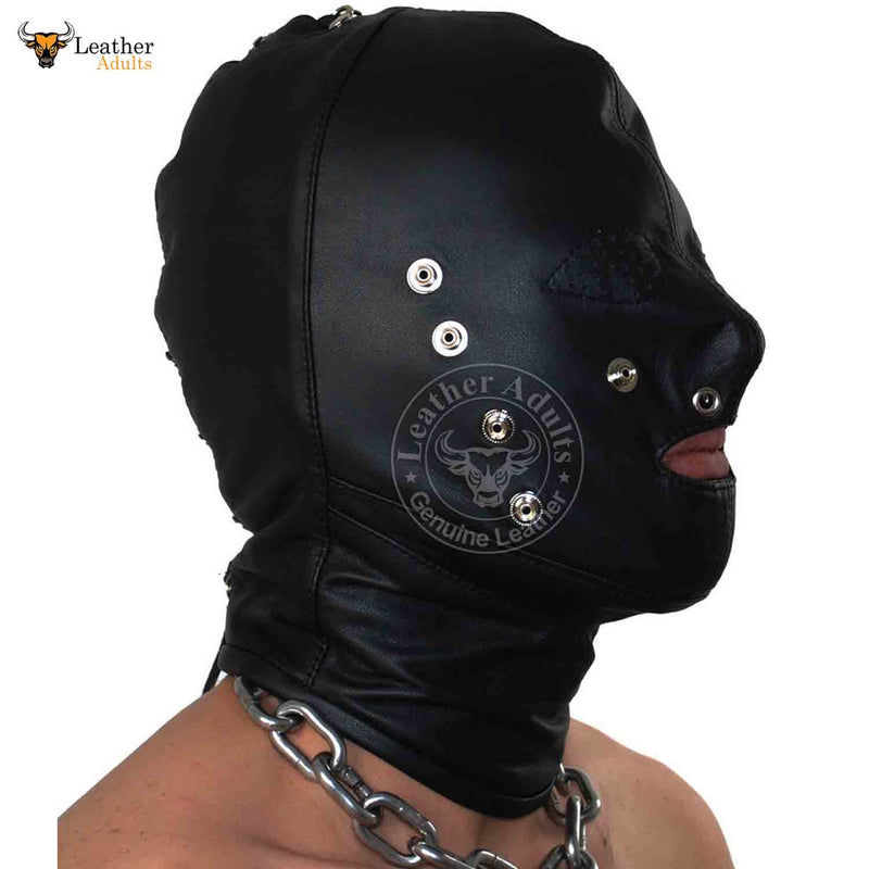 Detachable Sensory Gimp Hood eyes and mouth laced closure Hood Bondage BDSM Hood Mask Black Soft Leather Unisex Hood