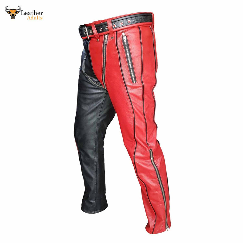 Mens Black and Red Leather Heavy Duty Bondage Pants New Style Jeans BLUF