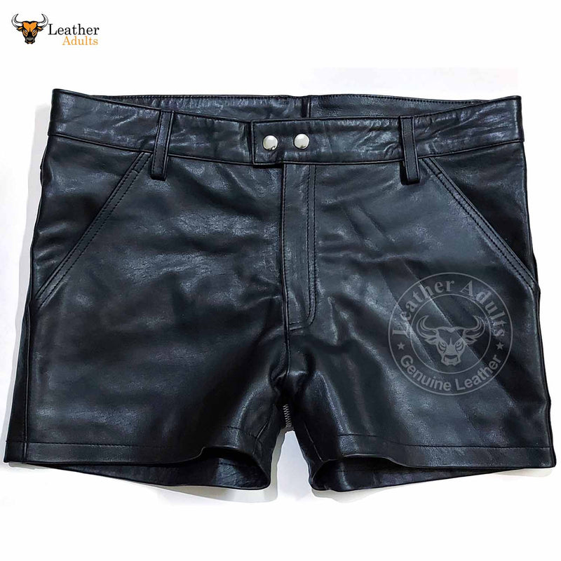 Mens 100% Genuine Leather Sexy Two Pockets Black Shorts With Rear Zip
