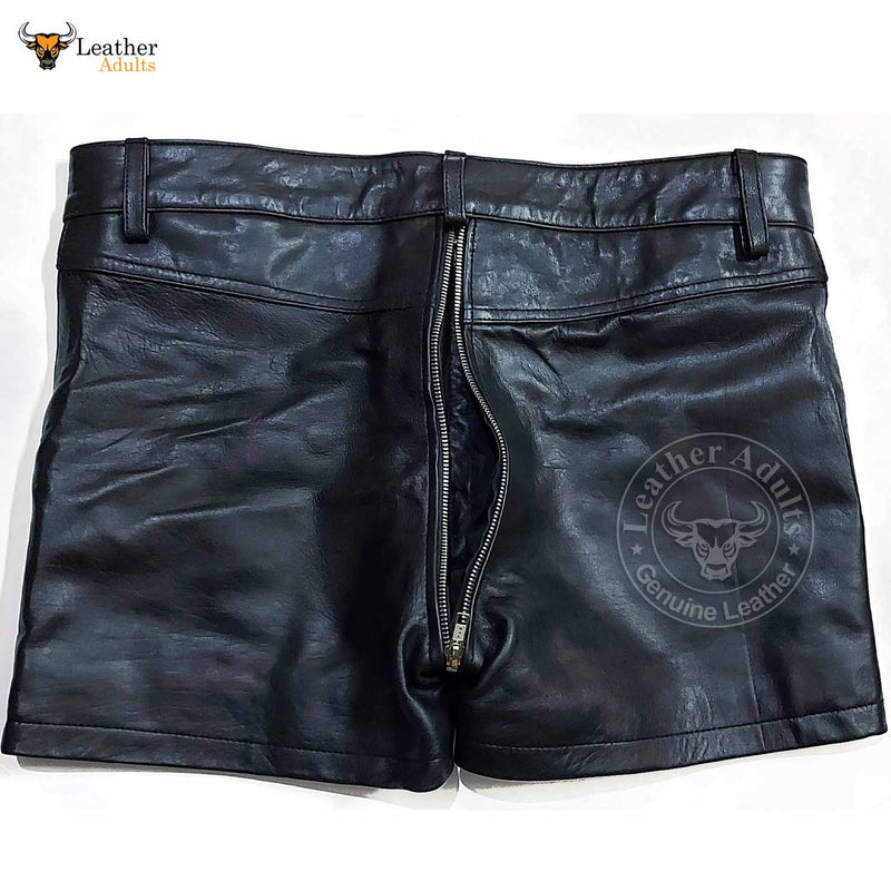 Mens 100% Genuine Leather Sexy Two Pockets Black Shorts With Rear Zip