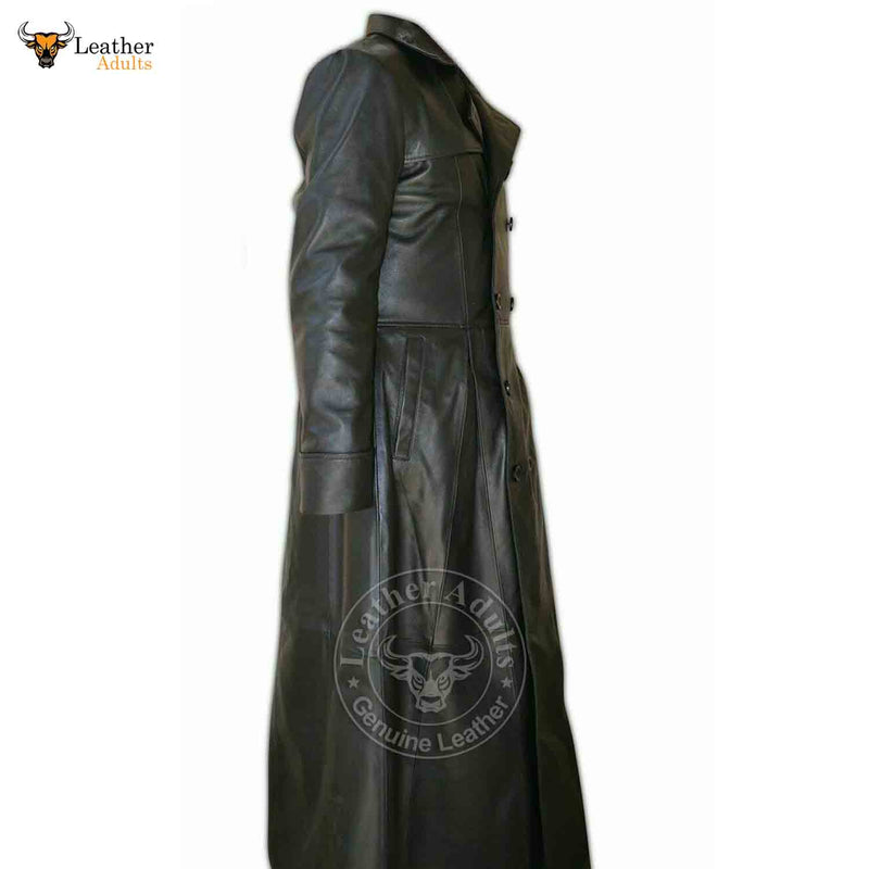 Mens Black Full Long Length Unique Design Leather Coat, Trench Deserter Chester