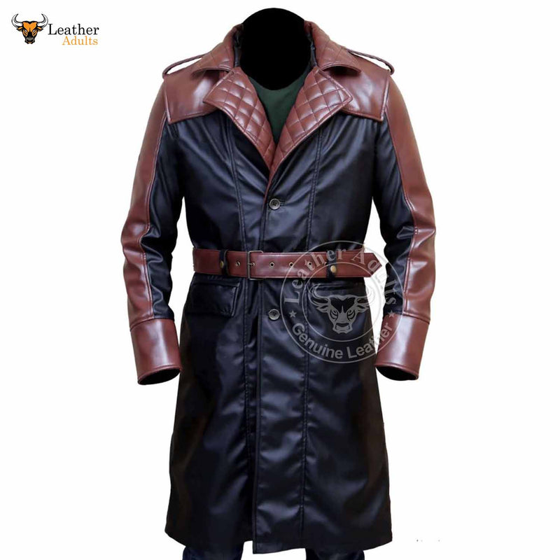 Mens Brown and Black Genuine Cow Leather Duster Quilted Style Steampunk Trench Coat