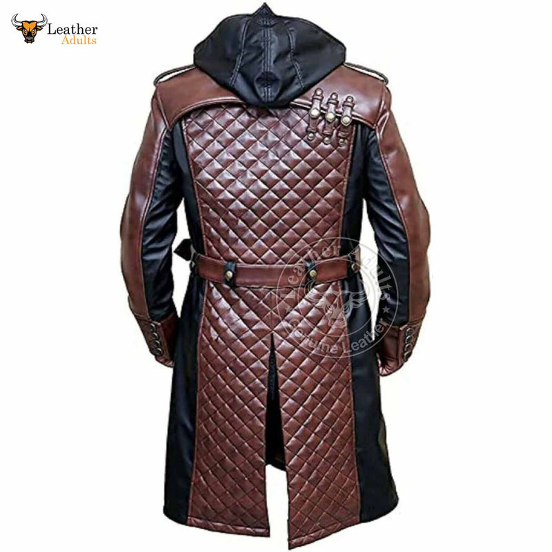 Mens Brown and Black Genuine Cow Leather Duster Quilted Style Steampunk Trench Coat