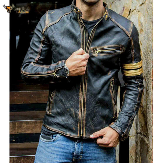 Mens Real Leather Biker Cafe Racer Vintage Motorcycle Distressed Black Genuine Leather Jacket
