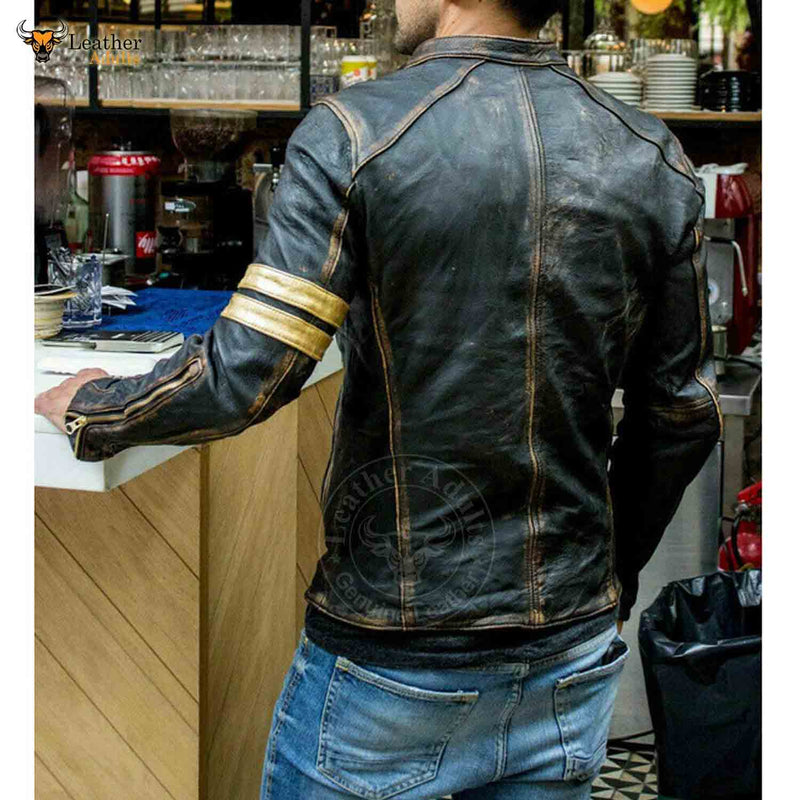 Mens Real Leather Biker Cafe Racer Vintage Motorcycle Distressed Black Genuine Leather Jacket
