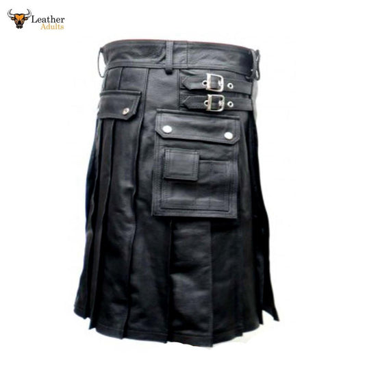 Men's leather black utility kilt twin cargo pockets pleated with twin buckles