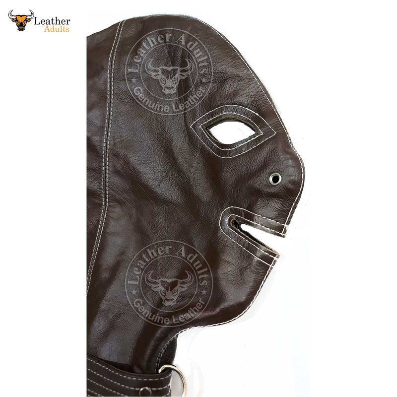 Real Brown Leather Bondage Lockable Hood Mask Hand Constructed Gimp mask Leather Back Lace Up Mask Hood BDSM Mask Unisex