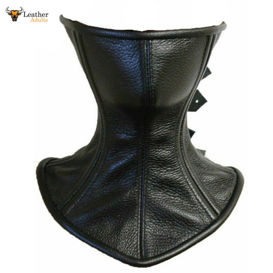 Black real leather over mouth neck corset posture collar with visible stitching and roller buckles.