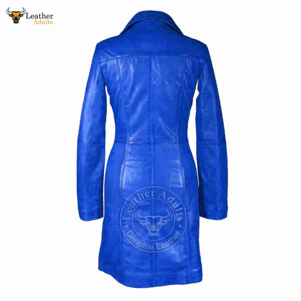 Womens Blue Beautiful LAMBS LEATHER Ladies Steampunk GOTH Style Trench Coat T16