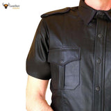 Real Leather Men's Black Police Military Style Shirt BLUF Gay Shirts