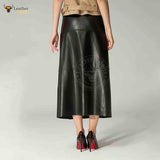Womens Real Lambskin Leather Black Long Maxi Skirt Vintage Button Pocket Maxi Skirt