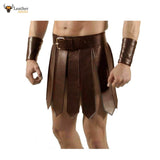 Mens Sexy Real Leather Brown Kilt Roman Gladiator Kilt Set Gay Club Wear LARP