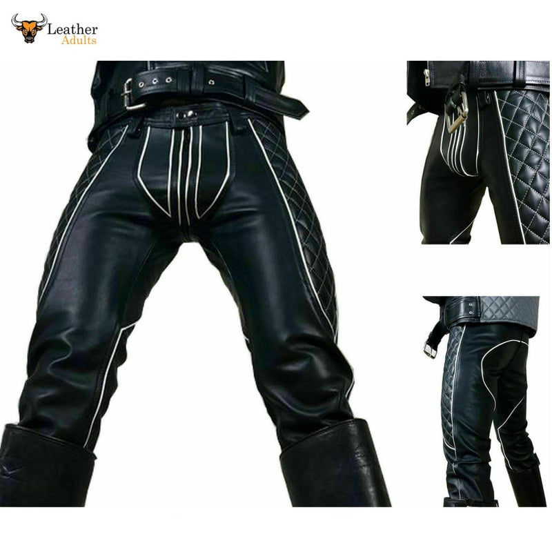 Leather Mens Trousers Black White Piping Pants Biker BLUF Breeches Gay Trousers