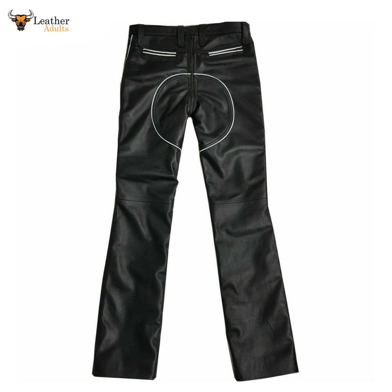 Leather Mens Trousers Black White Piping Pants Biker BLUF Breeches Gay Trousers