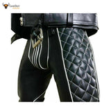 Leather Mens Trousers Black White Piping Pants Biker BLUF Breeches Gay Trousers