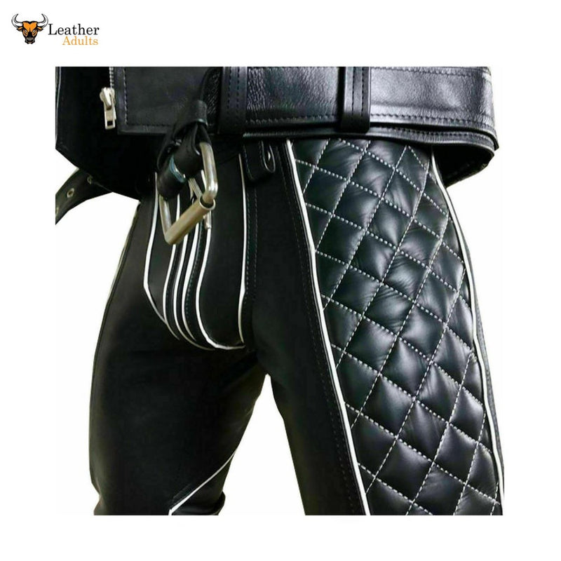 Leather Mens Trousers Black White Piping Pants Biker BLUF Breeches Gay Trousers