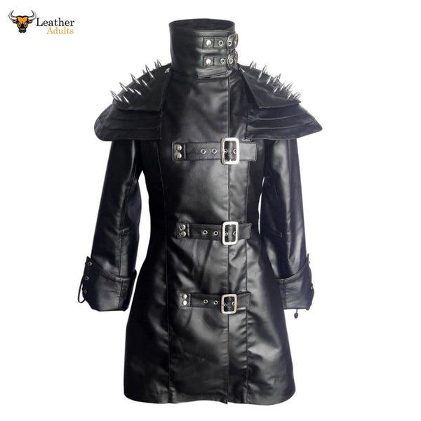LADIES BLACK REAL SHEEP LEATHER STEAMPUNK GOTHIC COAT T25