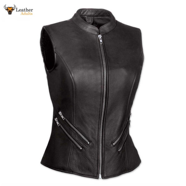 Ladies Soft Black Leather Bikers Waistcoat Vest W9