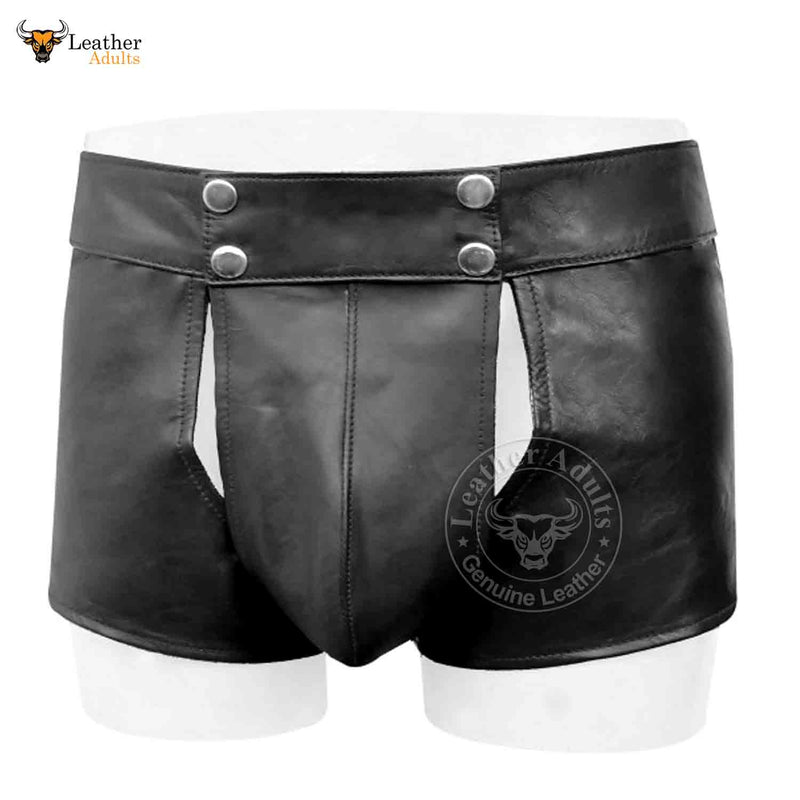 Mens Real Black Leather Short With Detachable Front Pouch Codpiece Front opening Gay Shorts