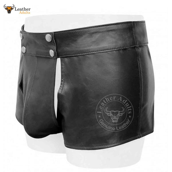Mens Real Black Leather Short With Detachable Front Pouch Codpiece Front opening Gay Shorts