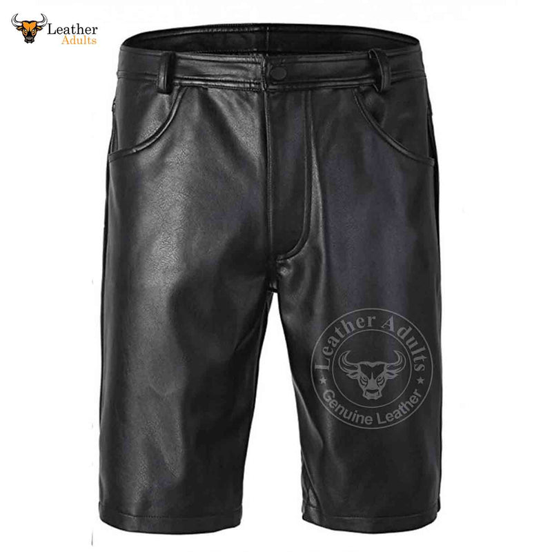 MENS BLACK 100% GENUINE LEATHER BERMUDA SHORTS with Five Pockets